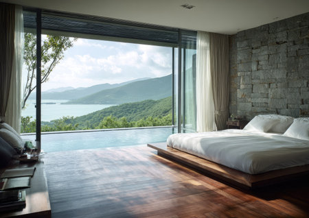 This image showcases a modern bedroom with a large window framing a scenic view. The room features a bed and wooden floor. The composition includes natural light and neutral colors with a focus on simplicity. Suitable for various uses, this image can be used for interior design or travel related publications.の素材