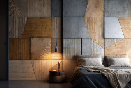 This interior showcases a contemporary bedroom with a striking geometric wall design incorporating wood and concrete textures. The scene features a bed with pillows and a blanket, illuminated by a pendant light. The overall composition suggests a modern aesthetic suitable for various applications.の素材