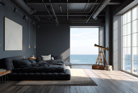 A contemporary bedroom features a spacious layout with dark walls and furniture, creating a dramatic visual. A large window offers a view of the ocean, bathing the room in natural light. The scene includes a bed, a telescope, and a minimalistic decor suggesting possibilities for interior design or lifestyle themes.の素材