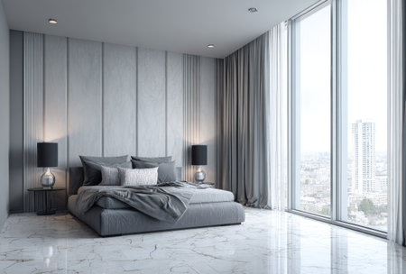 This interior showcases a modern bedroom featuring a bed with pillows, alongside curtains, and large windows. The scene is dominated by a neutral color palette of grays, providing a clean and contemporary aesthetic. Ideal for showcasing residential design, architectural concepts, or use in lifestyle imagery. Suitable for various editorial and commercial applications.の素材
