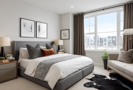 A well-lit bedroom showcases a large bed, accompanied by a comfortable sofa, set before a bright window. The composition highlights the contrasting colors and textures, from the bed's soft bedding to the dark rug. Ideal for commercial applications, the image suggests a tranquil and elegant environment.の素材