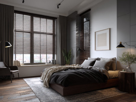 This interior photograph showcases a contemporary bedroom design. The scene features a large window with blinds, a bed with pillows and covers, and a minimalist style. The composition uses natural and artificial light with a focus on dark and grey tones. Suitable for commercial projects or editorial use related to home decor and interior design.の素材
