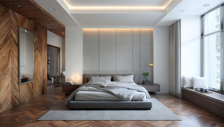 A contemporary bedroom scene features a bed centered under a neutral-toned wall with an overhead lighting design. The space incorporates natural textures from a wooden accent wall and window seat, alongside soft gray textiles. Suitable for use in lifestyle or architectural editorial content, the image presents a serene atmosphere.の素材