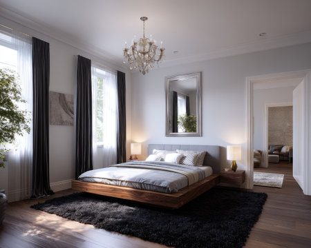 This image showcases a modern bedroom with a wooden bed frame, a chandelier, and large windows. The scene features dark curtains, a fluffy black rug, and a mirror. The lighting suggests a bright day with a focus on interior design and architectural elements, suitable for various commercial uses.の素材