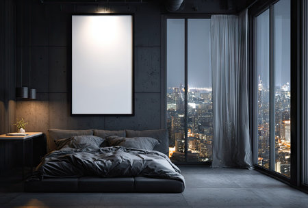 A contemporary bedroom scene features a bed with dark linens and pillows. Large windows offer a cityscape view at dusk. The space is highlighted by subtle lighting and an empty framed picture, offering copy space. This interior design image could be used for lifestyle, design, or decorative purposes.の素材