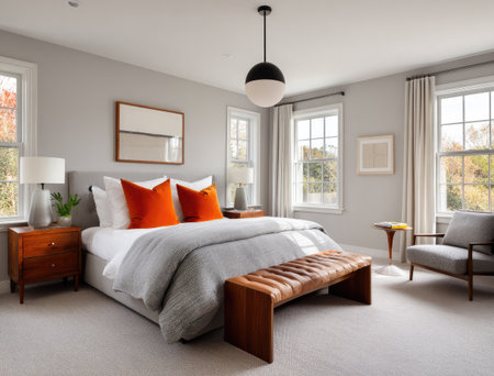 This interior photograph depicts a spacious bedroom featuring a large bed with orange accent pillows, complemented by a wooden bench at the foot. Natural light streams through large windows, illuminating the room's neutral color palette and modern decor. It is suitable for architectural design, home improvement, and lifestyle publications.の素材