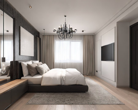 This image showcases a modern bedroom interior. A large bed with pillows is the focal point. The room features a television, a chandelier, and large windows. The color palette includes neutral tones, suggesting a clean and inviting atmosphere suitable for various commercial uses.の素材