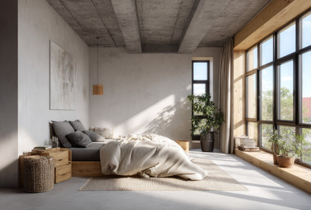 This interior image features a modern bedroom with a bed, large windows, and natural sunlight. The composition emphasizes clean lines, neutral colors, and a minimalist style. The scene showcases textures of wood, concrete, and fabric. Suitable for architectural, lifestyle, and design-related visual projects.の素材