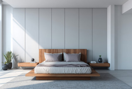 A contemporary bedroom showcases a wooden platform bed with two gray pillows. The scene features a wall panel design, neutral colors, and subtle sunlight illuminating the space. This minimalist aesthetic, suitable for various editorial and commercial applications, emphasizes simplicity and spaciousness.の素材