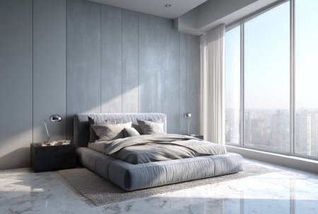A modern bedroom showcases a large bed and minimalist design. The composition features a neutral color palette with shades of gray and white, accentuated by bright sunlight. The space could be utilized for various commercial purposes, advertising comfortable and stylish living.の素材