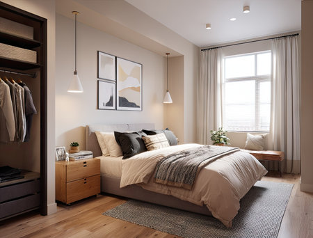 This interior photograph displays a modern bedroom arrangement. The scene features a bed with pillows and a blanket, a wardrobe, artwork on the wall, and a large window. The lighting appears soft and diffused, highlighting the neutral color palette. This image could be used for various commercial projects related to interior design, home decor, or lifestyle.の素材