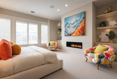 This interior showcases a modern bedroom with a comfortable bed and two vibrant accent chairs. The room is illuminated by natural light and features a large artistic painting above the fireplace. The composition highlights a clean, contemporary design, suitable for various editorial and commercial applications.の素材