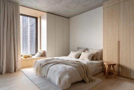 This interior showcases a contemporary bedroom design, featuring a bed with soft bedding, wooden furniture, and a window. The scene is bathed in natural light, with a palette of neutral tones creating a serene atmosphere. Suitable for use in lifestyle or architectural publications, or for commercial purposes.の素材