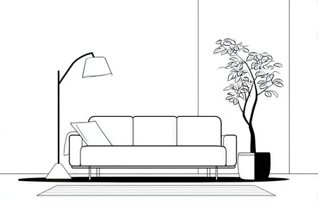 This illustration presents a minimalist interior design featuring a sofa, a floor lamp, and a potted plant against a neutral background. The monochromatic color scheme highlights the clean lines and geometric shapes. The composition suggests a modern living space suitable for architectural visualization, design projects, and various commercial applications.の素材