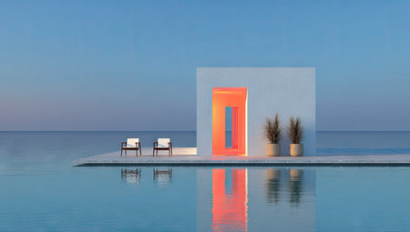 An architectural scene is depicted with a minimalist aesthetic. Two chairs are placed on a platform with an orange doorway. The composition features a serene environment with calm water and a clear sky, potentially suggesting a seaside setting. The image may be suitable for architectural design, interior design, or lifestyle content.の素材