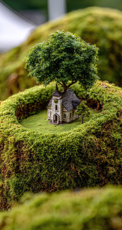 A detailed miniature church and tree are situated on a moss-covered hill, creating a natural scene. The vibrant green moss contrasts with the gray of the church and the leafy tree. The vertical composition suggests a sense of depth, with soft lighting enhancing the textures, perfect for illustrative and conceptual use.の素材