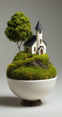 A miniature church sits atop a small, moss-covered hill, accompanied by a tree, all contained within a white bowl. The image showcases detailed textures and natural greens, whites, and browns. The composition is well-lit, suggesting a focus on craft and artistic representation. It could be used for various creative projects and illustrations.の素材