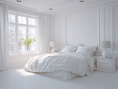 This image features a modern, all-white bedroom interior. The scene is illuminated by soft natural light filtering through a large window, highlighting the textures of the bed linens and curtains. The composition emphasizes clean lines, creating a sense of calm and spaciousness. Suitable for illustrating concepts related to home decor and lifestyle.の素材