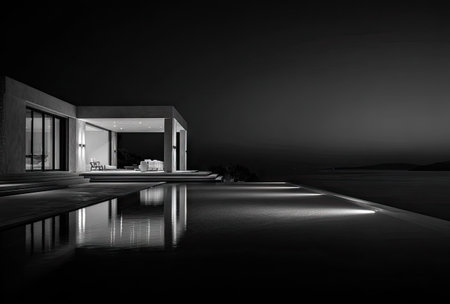 A contemporary structure is showcased at night, highlighting a reflecting pool in the foreground. The monochrome image emphasizes geometric forms and minimalist aesthetics. Artificial lighting illuminates the building's facade, offering visual interest. Suitable for commercial projects, architectural presentations, or design-focused editorial content.の素材