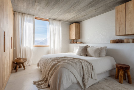 A bright bedroom showcases a comfortable bed adorned with soft bedding. Pale wooden elements complement the neutral walls and ceiling. Large curtains frame a window, allowing natural light to fill the space. This interior design may be suitable for a lifestyle or architectural publication.の素材