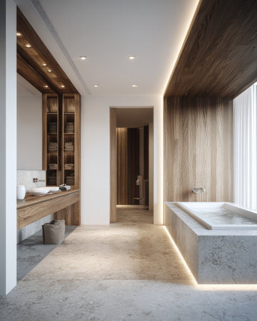 This image showcases a modern bathroom featuring a minimalist design with a bathtub. The walls are adorned with wood paneling, complemented by ambient lighting. The scene suggests a sense of tranquility. It is suitable for commercial uses, such as illustrating home design concepts and architectural projects.の素材
