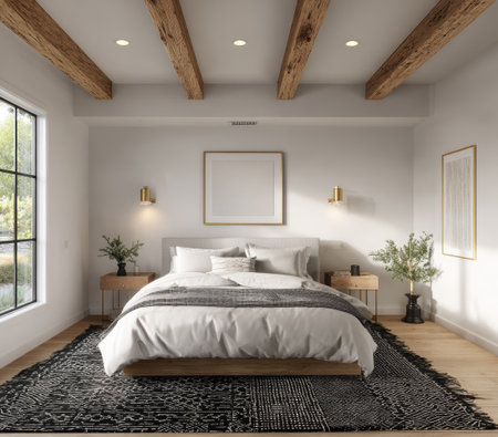 This image showcases a modern bedroom with a focus on interior design. It features a bed as the main subject with natural light streaming through a window. The room exhibits neutral colors, wooden beams, and a composition with a sense of spaciousness. It would be suitable for architectural, lifestyle, or commercial applications.の素材