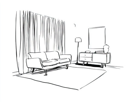 A simple black and white sketch depicts a modern interior scene. The composition includes a sofa, curtains, and a side cabinet, with a lamp and a framed artwork. The artwork is rendered in a minimalist style, suggesting a contemporary home design aesthetic, suitable for use in design or editorial projects.の素材