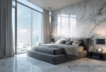A contemporary bedroom showcases a large window offering natural light and city views. The room features a bed, lamps, and a marble wall. The color palette includes grays, whites, and blues. This setting suggests comfortable living, suitable for use in design, architecture, and lifestyle publications.の素材
