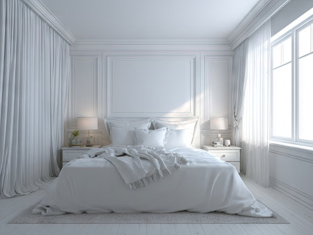A bright bedroom interior showcases a large bed centered against a wall. The scene is dominated by white tones, with soft textures in the bedding and curtains. Sunlight streams through a window, illuminating the space. This image can be used for various design, lifestyle, and home decor projects.の素材