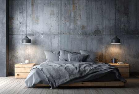 A modern bedroom features a large bed with gray linens against a textured concrete wall. Two wooden bedside tables support lamps. The scene utilizes natural light and shadow play. The minimalist aesthetic and neutral color palette suits various commercial applications, including interior design and lifestyle themes.の素材