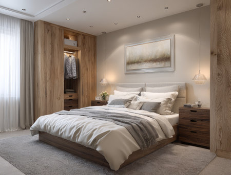 A well-lit bedroom showcases modern design elements with wooden furniture and neutral color tones. The scene includes a large bed, bedside tables, a wardrobe, and soft textures. The overall lighting suggests a warm, inviting atmosphere suitable for various interior design projects or lifestyle publications.の素材
