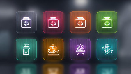 An assortment of colorful, illuminated icons presents a collection of medical and herbal symbols. Featuring a minimalist style, each square icon showcases a unique design, including a first aid kit, pills, and plants. The artwork employs soft lighting and a reflective surface, potentially suitable for digital health resources.の素材