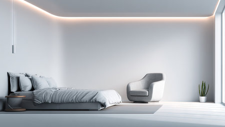 This interior scene presents a modern bedroom arrangement featuring a bed, an armchair, and a small potted plant. The space is dominated by white and gray tones, with diffused lighting creating a soft atmosphere. Suitable for use in design, architecture, or lifestyle content, it offers copy space for various editorial or commercial applications.の素材