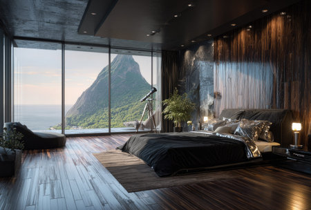 This interior image showcases a modern bedroom featuring a large window with a scenic mountain view. The room is designed with dark wooden panels, a plush bed, and a telescope. The composition uses natural light to highlight textures and create depth, suggestive of comfortable living and potential use in architectural or lifestyle projects.の素材