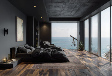 This interior design rendering presents a modern bedroom with a wide ocean view. The space features dark colors and natural wood floors, complemented by a large window. A telescope is placed near the window. The composition suggests a serene atmosphere suitable for diverse commercial applications.の素材