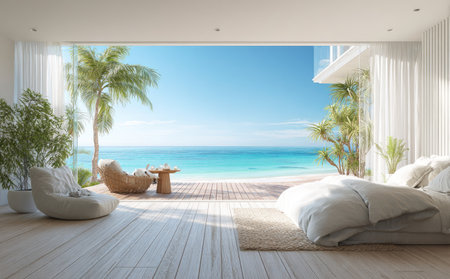 A bright bedroom showcases a serene view of a beach through a large opening. It features natural light, hardwood floors, and comfortable furnishings. The scene suggests a relaxed atmosphere, suitable for luxury lifestyle concepts, travel promotion, or architectural visualizations. The image highlights a blend of indoor and outdoor environments.の素材