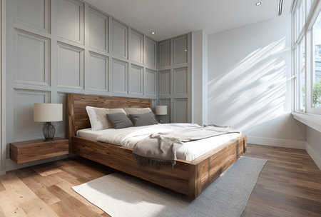 A spacious bedroom features a wooden bed frame, crisp white linens, and soft gray accents. The room is bathed in natural sunlight streaming through a large window. The composition highlights a minimalist design and texture. It is suitable for architectural visualization or interior design projects.の素材