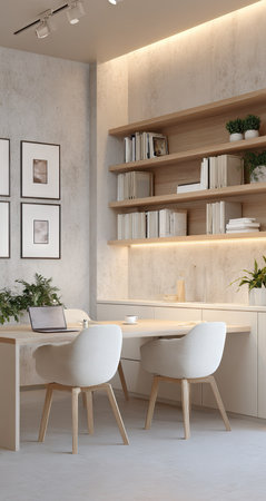 This image showcases a modern home office. It features a wooden desk with two white chairs, complemented by built-in shelves filled with books and decorative items. The composition is clean, with neutral colors and soft lighting, creating a calm and inviting atmosphere suitable for various commercial purposes.の素材