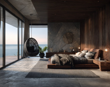 An interior shot showcases a luxurious bedroom with expansive windows and a panoramic ocean view. The space features a low-profile bed, wooden accents, and a distinctive hanging chair. The composition is lit by natural light, enhancing the textures and creating a serene atmosphere. Suitable for various design and lifestyle publications.の素材