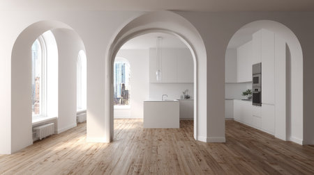 This image showcases a modern interior design featuring white arches and a wooden floor. The composition includes sunlight streaming through windows, illuminating the space. The visual style is minimalist and clean, suitable for illustrating architectural concepts, design projects, or lifestyle content. It may be used for various commercial or editorial applications.の素材