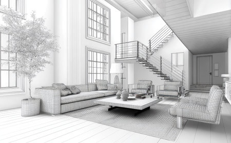 This grayscale image portrays an interior design concept with a living room setting. The composition features furniture, a staircase, and large windows, all rendered in shades of gray. The lighting suggests an open and airy atmosphere. Suitable for use in architecture, design, and lifestyle publications, as well as digital marketing.の素材