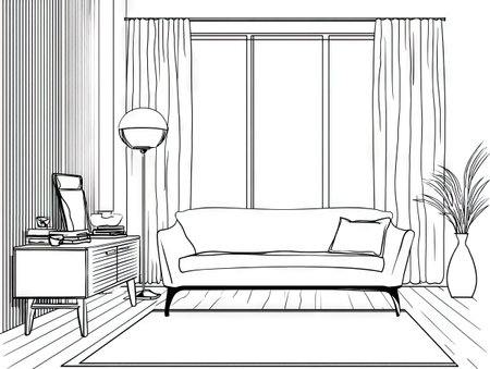 This black and white illustration depicts a modern interior scene featuring a sofa, window, and decorative elements. The composition showcases clean lines and detailed textures, with soft lighting suggesting an indoor environment. Suitable for various commercial and editorial applications, this image offers versatility for design projects.の素材