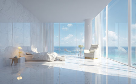This image showcases a bright, airy bedroom with expansive windows overlooking the ocean. The scene is dominated by white and light colors, creating a clean and minimalist aesthetic. The composition features a bed, chair, and decorative elements, illuminated by natural sunlight. Suitable for illustrating concepts of tranquility, lifestyle, or architectural design.の素材