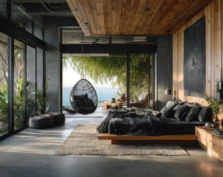 A modern bedroom interior is showcased, incorporating natural wood elements and dark accents. The scene includes a bed, a hanging chair, and large windows offering an ocean view. The lighting suggests a bright day, highlighting the textures and design elements. Suitable for commercial or editorial applications, the image presents a luxurious space.の素材