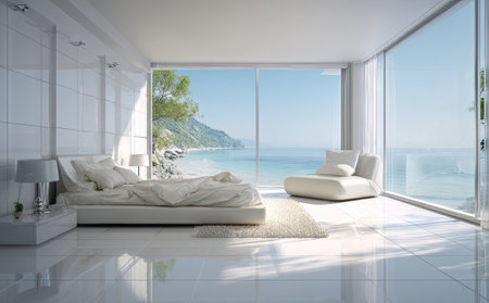 This interior showcases a spacious, white bedroom with an expansive ocean view. Featuring a bed, lounge chair, and a large window, the scene is bathed in natural light. The minimalist style, with glossy surfaces and clean lines, suggests a calm environment. Suitable for architectural, lifestyle, or travel-related visual projects.の素材