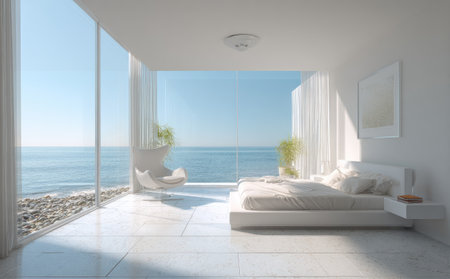 This image showcases a modern bedroom with a panoramic view of the ocean. The bright, airy space features white walls, floors, and bedding, contrasted by the blue of the sea and sky. Natural light streams in, creating a sense of openness. It could be suitable for interior design projects or travel-related content.の素材