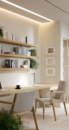 A contemporary home office interior showcases a wooden desk and shelves filled with books. The space features plants adding a natural element, complemented by a warm, neutral color palette. The composition utilizes overhead lighting, creating a bright and inviting atmosphere, potentially suitable for interior design publications or marketing materials.の素材
