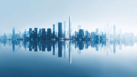 A tranquil image showcases a city skyline reflected in calm water under a hazy, light-filled sky. The composition features a symmetrical arrangement of buildings in various heights. The color palette emphasizes cool blues and whites, creating a sense of serenity. Suitable for diverse editorial and commercial applications, including articles and advertisements.の素材