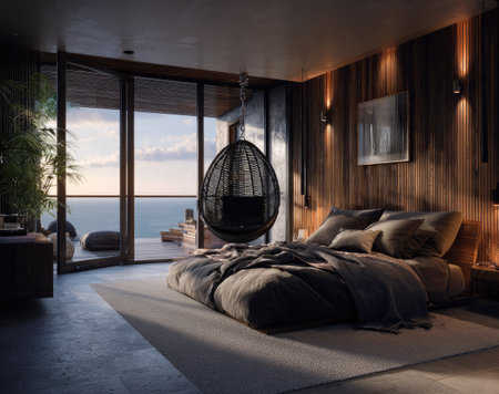 This interior photograph presents a contemporary bedroom with a large bed and a hanging chair. The scene is illuminated by warm lighting, highlighting wooden paneling and a large window. The composition suggests a relaxed atmosphere with a focus on comfort. This image could be used for various purposes, including editorial and commercial projects.の素材