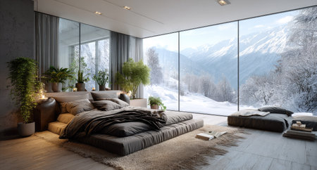 A spacious bedroom features a large bed with multiple pillows and a small seating area. Expansive windows reveal a snow-covered mountain landscape. The scene showcases modern design elements with neutral colors. It may be suitable for interior design publications or travel-related content.の素材